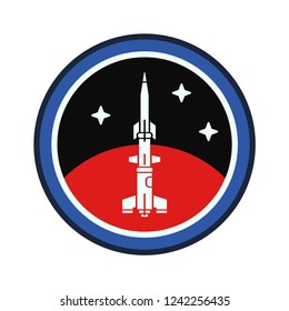 Circle stripe silhouette vector logo aerospace mars program multistage rocket. Galaxy investigation emblem. Cartoon style astronaut insignia equipment. Planet Mars. Spaceship technology illustration.