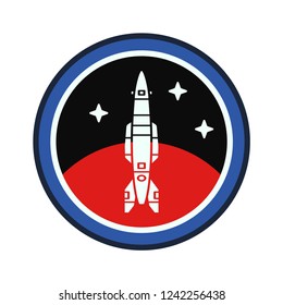 Circle stripe silhouette vector logo aerospace mars program multistage rocket. Galaxy investigation emblem. Cartoon style astronaut insignia equipment. Planet Mars. Spaceship technology illustration.