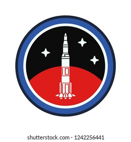Circle stripe silhouette vector logo aerospace mars program multistage rocket. Galaxy investigation emblem. Cartoon style astronaut insignia equipment. Planet Mars. Spaceship technology illustration.