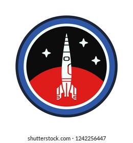 Circle stripe silhouette vector logo aerospace mars program multistage rocket. Galaxy investigation emblem. Cartoon style astronaut insignia equipment. Planet Mars. Spaceship technology illustration.