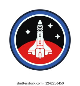 Circle stripe silhouette vector logo aerospace mars program multistage rocket. Galaxy investigation emblem. Cartoon style astronaut insignia equipment. Planet Mars. Spaceship technology illustration.