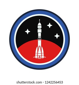 Circle stripe silhouette vector logo aerospace mars program multistage rocket. Galaxy investigation emblem. Cartoon style astronaut insignia equipment. Planet Mars. Spaceship technology illustration.