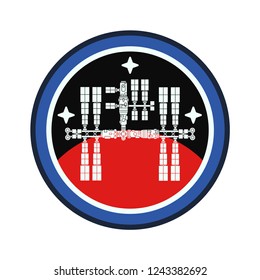 Circle stripe silhouette vector logo aerospace mars program satellite space station. Galaxy investigation emblem. Cartoon style astronaut insignia equipment. Planet Mars. Spaceship technology. Textile