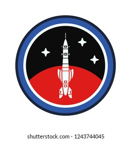 Circle stripe silhouette vector logo aerospace mars program multistage rocket. Galaxy investigation emblem. Cartoon style astronaut insignia equipment. Planet Mars. Spaceship technology illustration.