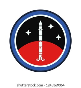 Circle stripe silhouette vector logo aerospace mars program multistage rocket. Galaxy investigation emblem. Cartoon style astronaut insignia equipment. Planet Mars. Spaceship technology illustration.