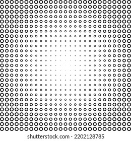 Circle stroke shapes halftone texture pattern. A linear arrangement of black, hollow circular symbols. Isolated on a white background.