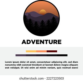 Circle style mountain design template with sunset, perfect as an adventure icon or logo