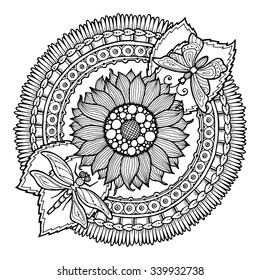 Circle summer doodle flower ornament. Hand drawn art mandala. Made by trace from sketch. Black and white ethnic background. Zentangle pattern for coloring book for adults and kids. 