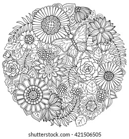 Circle summer doodle flower ornament with butterfly. Hand drawn art floral mandala. Black and white background. Zentangle inspired pattern for coloring book pages for adults and kids.