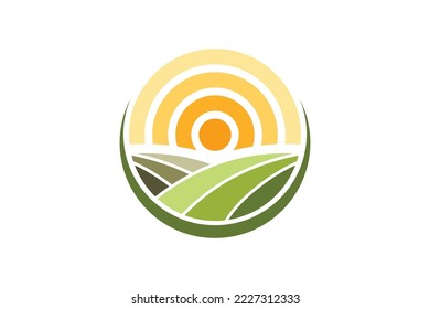 Círculo de campo de cultivo solar, diseño del logotipo de cosecha de la agricultura de verano