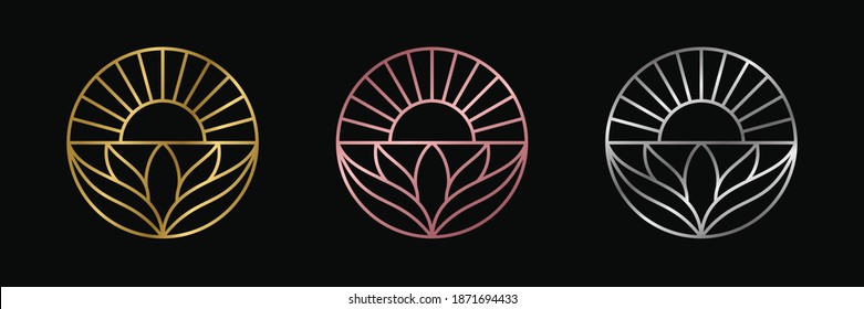 Círculo con símbolo de sol y hoja en oro, oro rosa y diseño de logotipo de plata
