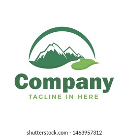 circle sun mountain valley and river logo design inspiration