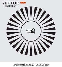 Circle. The sun. Rays. Black icons on white.  Shopping basket with cabin for children, vector illustration, EPS 10