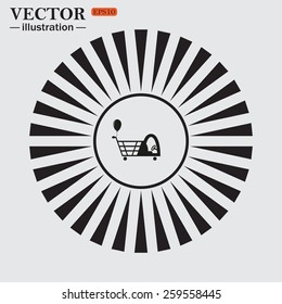 Circle. The sun. Rays. Black icons on white.  Shopping with a cabin for children and inflatable festive ball. Vector illustration, EPS 10