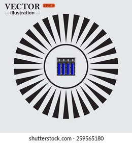 Circle. The sun. Rays. Black icons on white. battery charger with batteries, vector illustration, EPS 10 