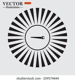 Circle. The sun. Rays. Black icons on white. Hand saw woodworking instrument icon, vector illustration, EPS 10