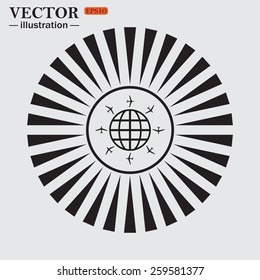 Circle. The sun. Rays. Black icons on white. Fashion Icon aircraft around the world, vector illustration, EPS 10
