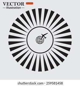 Circle. The sun. Rays. Black icons on white. Fashion Icon aircraft around the world, vector illustration, EPS 10