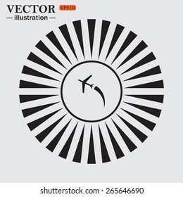 Circle. The sun. Rays. Black icons on white.   The plane takes off. Icon plane. Vector illustration, EPS 10