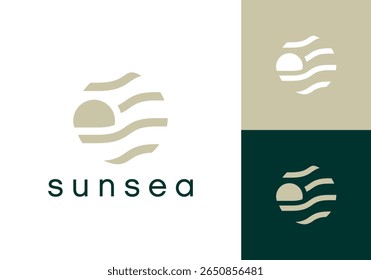 Logotipo de Circle Sun Sea. Diseño gráfico de Vector de flujo de onda de naturaleza