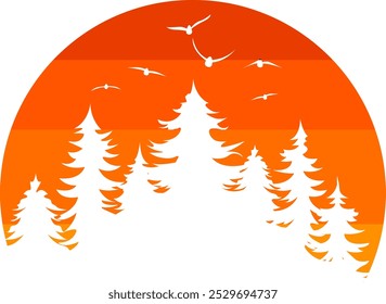 círculo pôr do sol fundo floresta ilustração logotipo com sol e estilo pássaro, para logotipo, marca empresa ou modelo