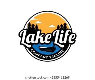 Circle Sunset Lake Boat Emblem Logo Design Template