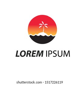 circle sunset logo with tree coconut colorfull.-illustration