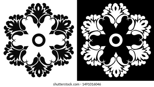 Circle Surrounded by Flowers - Indian Traditional and Cultural Rangoli, Alpona, Kolam or Paisley vector line art with black and white background