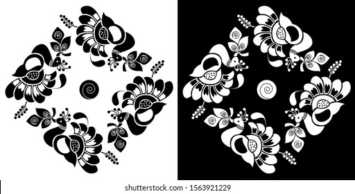 Circle surrounded by four peacocks with feathers and leaves in black and white background