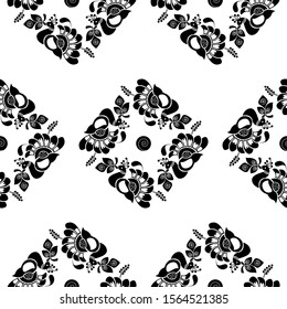 Circle surrounded by four peacocks with feathers and leaves is in Seamless pattern