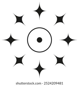 Circle with surrounding starbursts. Abstract black star symbols. Geometric vector shapes. Isolated illustration.
