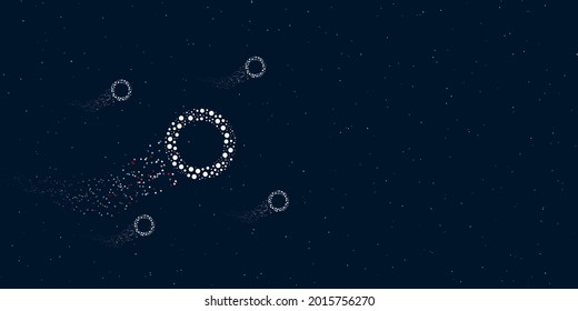 Ein mit Punkten gefülltes Kreissymbol fliegt durch die Sterne und hinterlässt einen Weg. Vier kleine Symbole herum. Leerer Platz für Text auf der rechten Seite. Vektorgrafik auf dunkelblauem Hintergrund mit Sternen