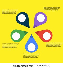 Símbolos de círculo, iconos de pin, presentación de botón infografía ilustración vectorial sobre fondo amarillo.
