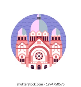 Circle synagogue icon inspired by Novi Sad landmark. Religious historical building in art nouveau architectural style.