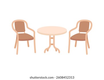 Circle table and two chairs furniture, seats in interior. Office, cafe, restaurant and home kitchen furniture. Interior objects for eating in cartoon flat style. Vector illustration