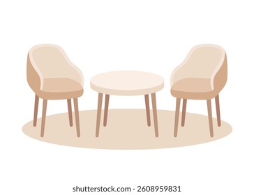 Circle table and two chairs furniture, cozy seats in interior. Office, cafe, restaurant and home kitchen furniture. Interior beige brown objects for eating in cartoon flat style. Vector illustration