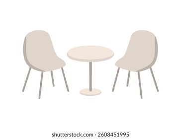 Circle table and two plastic chairs furniture, seats in interior. Office, cafe, restaurant and home kitchen furniture. Interior objects for eating in cartoon flat style. Vector illustration