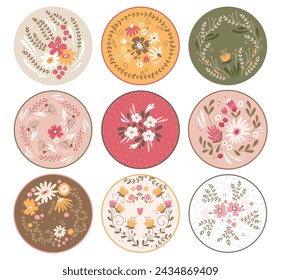 Circle tags set with seasonal blooming flowers design element. Round frames with stylish flourish ornament vector illustration. Greeting label with botany romantic decoration. Holiday art symbol