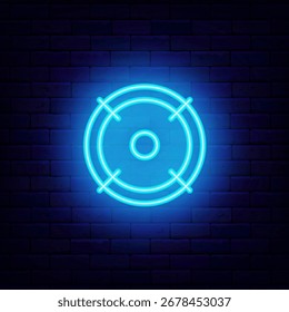 Círculo alvo radar ícone neon. Sonar do exército e objetivo do esporte. Símbolo azul comercial na parede de tijolo. Ilustração de estoque vetorial