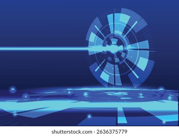 Circle tech laser light beam abstract background technology. Concept of futuristic innovation, energy, bright glowing space, modern graphic blue neon circular tech, cyberspace engineering interface.