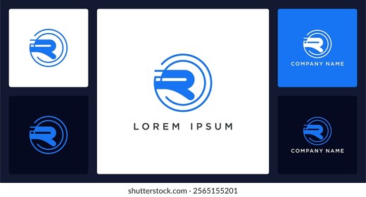 circle tech with letters R logo design and icon