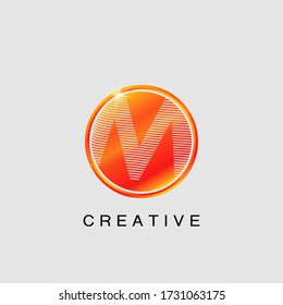 Circle Techno Sun M Letter Logo, creative Vector design concept circle sun with strip alphabet letter logo icon.