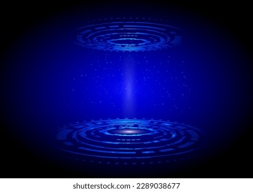 Tecnología de círculo, concepto que muestra transferencia de energía futurista, desarrollo de nuevo mundo, ilustración vectorial sobre fondo azul para el diseño publicitario.