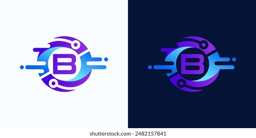 Circle technology logo with letter B inside with circuit dots for digital, data, connection in blue and purple gradient colors