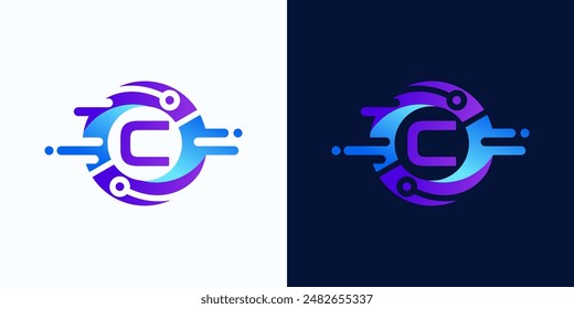 Circle technology logo with letter C inside with circuit dots for digital, data, connection in blue and purple gradient colors