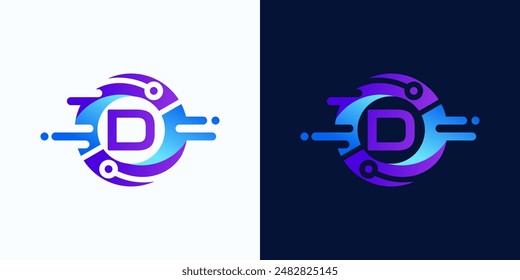 Circle technology logo with letter D inside with circuit dots for digital, data, connection in blue and purple gradient colors