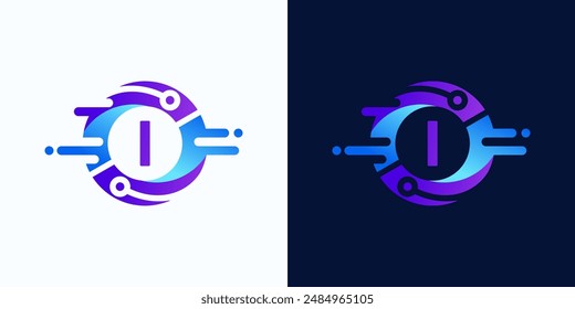 Circle technology logo with letter I inside with circuit dots for digital, data, connection in blue and purple gradient colors