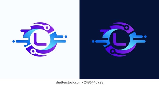 Circle technology logo with letter L inside with circuit dots for digital, data, connection in blue and purple gradient colors