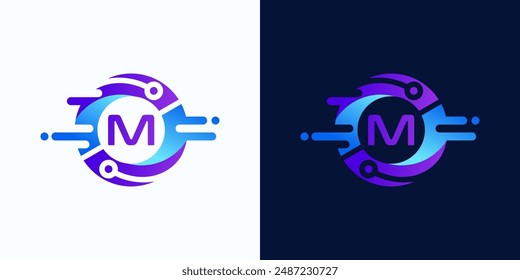 Circle technology logo with letter M inside with circuit dots for digital, data, connection in blue and purple gradient colors