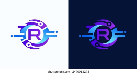 Circle technology logo with letter R inside with circuit dots for digital, data, connection in blue and purple gradient colors